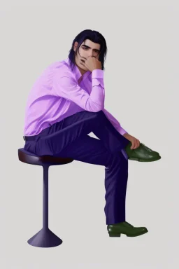 A guy with black hair, sitting on a chair, wearing a beautiful white shirt with pleats. in trousers with pleats