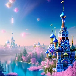 one small Russian crystal subtle castle blue and pink in a galactic ambiance , blue lake, delicate colors, bin the foreground, full of details, smooth，soft light atmosphere, light effect，vaporwave colorful, concept art, smooth, extremely sharp, masterpiece, best quality, blue skinned, sparkling,8k, , sun light, 8K, RAW, depth of field,high contrast,