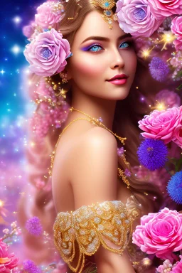 Beautyful smiling young woman, long hair amazing blue eyes, flowers, happy cosmic, bright colors, blue, pink, gold, jewels, realistic, photo real, clear sunny background, highly detailed, high contrast, 8k high definition, unreal engine 5, extremely sharp detail, light effect, sunny light backgroundgold, jewels, realistic, photo real, clear sunny background, highly detailed, high contrast, 8k h