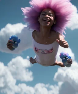 Ultra realistic speed clouds sky scene, wide angle view, sweet childs falling down, inflatable color clothing, free jumping flying, many trinkets, monster hair, hair monster, many jelly beans, balls, smile, happy, circus style, extreme, wind, clouds sea, 20,000 feet altitude, stratosphere, soft color, highly detailed, unreal engine 5, ray tracing, RTX, lumen lighting, ultra detail, volumetric lighting, 3d, finely drawn, high definition, high resolution.