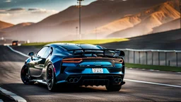 Rear View A stunningly realistic (((Bugatti x Lamborghini))), intricate detail and perfection in every surface, glimmering metal and luxurious contours, a (perfect model) for a desktop wallpaper fit for high resolution screens, evoking a sense of futuristic elegance in a (4K cinematic atmosphere).