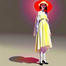 Whimsical and crazy painting of a full body young woman in a soft and dreamy style. The figure standing in the boulevard under a gas lamp shining a pale yellow light is shown in shades of gray and white, with red and yellow dots for emphasis. She wears a flowing black muslin dress and a black wide-brimmed hat, which gives her a graceful and elegant look. The background is abstract, with dull tones that blend together to create a misty atmosphere. Large, stylish red flowers frame the scene, with