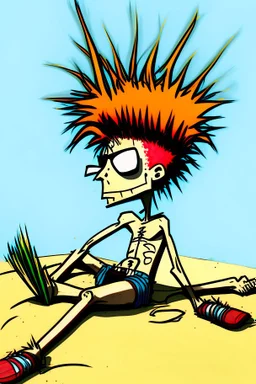 2d drawing of a stickman, cool with punk hair, x eyes like in hangman, no shirt, swim pants, laying down, tanning in the sun, 3d realistic in colour