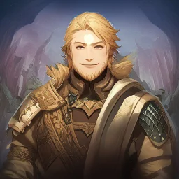 A nord male battlemage from Skyrim, partial plate nordic armor, blond hair of medium length, hearty, smiling, thick short beard