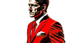 Create a compelling image featuring a man in a red suit with a stoic expression against a white background. Specify a hand-drawn style with bold strokes, emphasizing the subject's demeanor. Ensure the composition captures the essence of the stoic expression, creating a visually striking and impactful scene through the use of hand-drawn strokes.