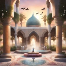 Hyper Realistic people praying in a multicolor rustic textured Mosque with beautiful fountain & white rose garden with beautiful sunset & birds flying