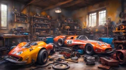 Officina di auto da corsa, emozionante, fantastica sgangherata officina di magia magica, diverse vecchie auto da corsa colorate smontate per riparazioni, motori, olio, ruote, telaio, ingranaggi, sedili, sterzo, freni, strumenti meccanici colorati e intricati, ingegneria straordinaria, fotografia pluripremiata, estremamente dettagliato, bellissima composizione, capolavoro, fotorealismo, luce volumetrica naturale morbida e perfetta, chiaroscuro, Heath Robinson, Escher, Disney, Pixar