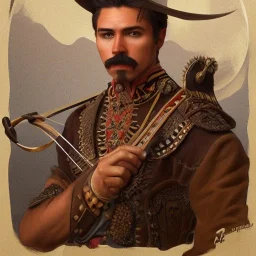 portrait,"Insanely detailed photograph of a male western mustachioed crossbowman", detailed charro, sequenced Sombrero, detailed held dagger, digital painting, artstation, concept art, sharp focus, illustration, art by artgerm and greg rutkowski and alphonse mucha, 8 k,fantasy, unreal engine