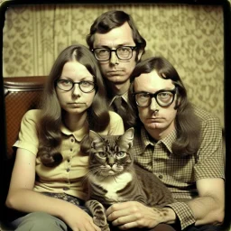 Awkward family portrait Photo with a man and a woman with ugly glasses, 30 years old sitting on chair, serious look, long 1960 hair and mustasch, polaroid camera photo, holding small kittens