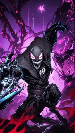 Mix between venom symbiote and Reaper in solo leveling shadow style with neon glowing blue