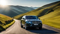 black Cross between black bentley bentayga and Range rover, on a road of green hills in morning, clear blue sky, shining sun rear view