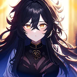 Clear focus, 8k, beautiful lighting, vibrant colors, girl, black long hair, vibrant golden eyes, messy hair, hair in between the eyes, rip clothes,