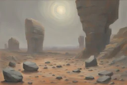 Grey sky with one planet in the horizon, rocks, cliffs, sci-fi, rocky arid land, 90's sci-fi movies influence, rodolphe wytsman and friedrich eckenfelder impressionism paintings