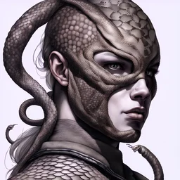 Human Warrior portrait with snake skin as part of the face and body, snake eyes, no armor