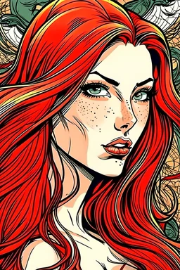 Beautiful red long hair lady comic book style