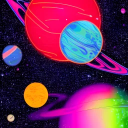 Neon galaxy planets, hip hop, crisp lines