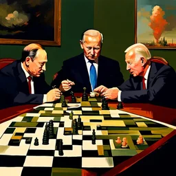 Putin, President Xi Of China And Joe Biden Play Chess With A Pigeon,Ufo And Atomic Bomb Mushroom Cloud,Complex Surgical Instruments Intermixed With A Newborn Boy,Minimalism,Painting By Adrian Ghenie,Rene Magritte,Pablo Picasso,Michelangelo,Salvador Dali,Lucian Freud