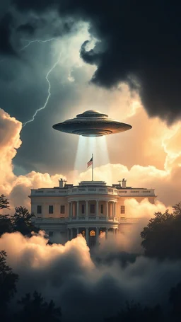 A ufo hovering above the White house hovering above swirling clouds, emerges from the heart of a raging storm. Turbulent winds of steam swirl around the iconic structure, lit by shafts of sunlight that cast dramatic shadows on the A large UFO spacecraft hovering over the White House surrounding clouds. A storm rages and thunder lights up the dark sky,