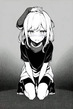 little blonde girl cries crouched down with hands on her head., grayscale