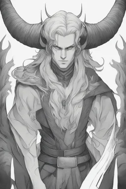 A dnd character portrait, a tiefling man with long hair and two black horns, white eyes and pale skin. Handsome. Young.