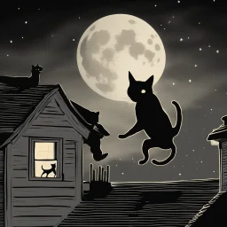 un gato saltando a un tejado en la noche y que se vea la luna luminosa de fondo, con perros mirando desde el suelo, no del tejado, al estilo van ghog