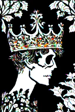 A shadowed hand holds a highly detailed, hand drawn skull, anatomically correct, with a crown hovering above, representation of Hamlet by John Austen, in the Aubrey Beardsley style, inspired by the gothic, macabre and fantastical, highly aesthetic, art nouveau design with striking black-and-white illustrations with hints of Red, Beardsleyesque, high quality, modern classical art, Hamlet Skull