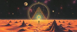 sleepy alien sacred geometry, goa trance poster, in the style of John Atkinson Grimshaw