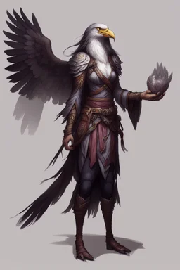 dnd female Aarakocra with long hair warlock