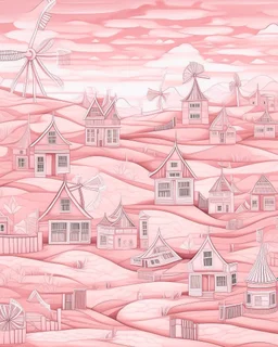 A light rosy pink old town with windmills designed in Navajo woven art painted by Guo Xi