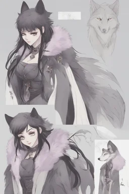 A dnd character sheet. A woman dressed for the cold north in black and white furs, with black hair and lilac eyes. Wolf pelt