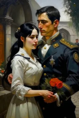 A very handsome soldier with black hair returns from the war and finds in front of him the wedding of his lover Oil painting