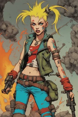 In the dimly lit cavern of the underground bunker, Tank Girl stood as a vibrant and untamed force of nature. Her appearance was a riot of color and defiance, a living embodiment of the underground spirit. Tank Girl's hair, a shock of wild crimson and turquoise, cascaded around her like a cascade of fire, defying gravity with its unruly exuberance. Her piercing eyes, a kaleidoscope of mischief and rebellion, sparkled with a manic energy that could ignite a room. She wore a hodgepodge of garments,