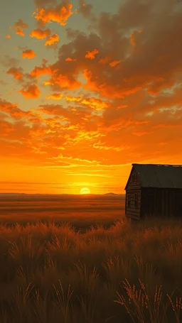 sunset in the prairies, old western, painting based on grainy photo, orange brown tones