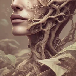 "full face tattoo of leaves and gnarled branches extending past face and morphing into reality, color tattoo, 8k resolution, high-quality, fine-detail, intricate, digital art, detailed matte, volumetric lighting, illustration, octane render