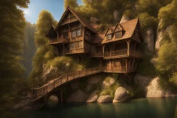 small wooden medieval gothic twisted house built into a cliff, trees, balconies, walkways, bridge, sunshine, lake