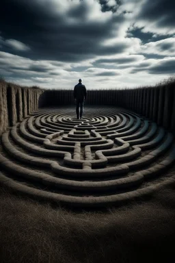 A man enters a labyrinth and in the background sky we can see the shape of a skull