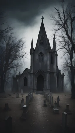 Scary gothic abandoned chapel stands in the background in the middle of a dark eerie cemetery