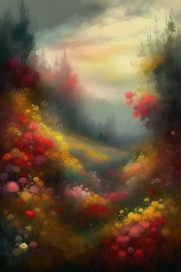 MAGIC fantasy, medieval painting, gloomy landscape surrounded by forests, dense thickets of flowers with brushes, impressionism style