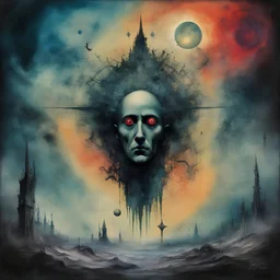 Nordlys shining omen of bane, Dread to enrage the ancient spirits, double exposure heretical symbols, creepy eldritch aesthetic. violent colors, By Wassily Kandinsky, by Zdzislaw Beksinski and Pejac, ink and watercolor illustration, diagonal composition, saturating inkwash effect, eerie, scary, opulent shadows, gritty, by Victor Pasmore, dramatic