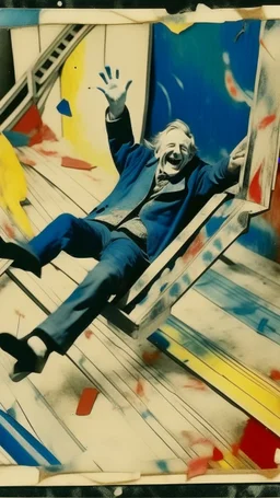 aerial view of the devil's servant hilariously falling down the slide of madness, background with imp laughter, polaroid in the Jasper Johns Style