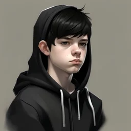 Realistic sketch of teenage boy wearing black hoodie, short black hair with shite streak, black cargo pants