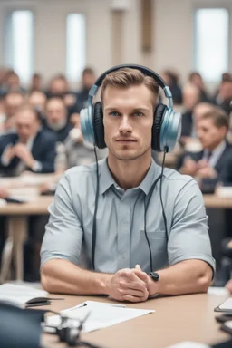 A simultaneous translator of Slavic appearance is sitting at a table with headphones with a microphone at a briefing, in a large hall, there are a lot of people around, the background is blurred, everything is in pastel light colors