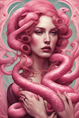 Abstrack surrealist styl a woman and and a super realistic pink snake surrounding it, art nouveau, style