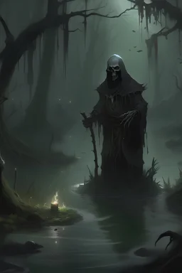 Necromancer participating an a dark ritual, in a spooky swamp
