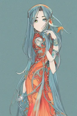 isometric clean art of super beautiful lady, soft lighting, shin hanga high definition, blender 3d, beautiful, long hair, silver filigree hair, metallic orange and teal dress, slitted eyes, pointed ears, volumetric photorealistic rainbow gouache background