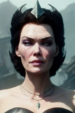 Lena Headay as evil queen in black leather, busty, cleavage, voluptuous, angry, stern look. character design by cory loftis, fenghua zhong, ryohei hase, ismail inceoglu and ruan jia. unreal engine 5, artistic lighting, highly detailed, photorealistic, fantasy