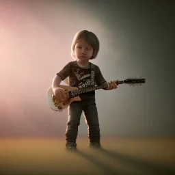 Mystery Kurt cobain toddler, full body, guitar, dramatique, art background, dramatic lighting, volumetric lighting, hyperrealisme, 8k, high quality, lot of details, fit within portrait, hyper realistic, unreal engine 5, uhd