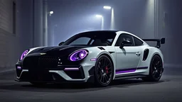 "An armored Bentley Continental GT X Porsche 911 Turbo S 2024 with a gloss black and glossy white fusion, featuring purple accents on the armor plating, spoilers, and rims. Tinted windows and deep purple headlights add to its mysterious vibe. The car sits low with black concave mega mesh wheels, set in a dark, foggy alleyway at night, exuding an ominous presence."