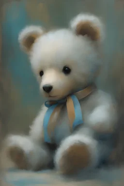 Digital Art of adorable teddy bear with blue ribbon embodying the essence of innocence in a , minimalist approach, influenced by Luis Miranda, Jeremy Mann, Jeffrey Catherine Jones, blends conceptual art with elements of painting and illustration, somber tones, fragmented souls, shadow play, diffuse textures, abstract forms, digital painting, high conceptuality, palette inspired by Jeffrey Catherine Jones, golden ratio composition, fine detail, cinematic lighting.