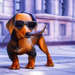 cute male daschund with the body of a human, wearing a leather jacket and sunglasses, pixar style, disney, dramatic, dramatic lighting, volumetric lighting, hyperrealism, 8k, high quality, photorealistic, lot of details